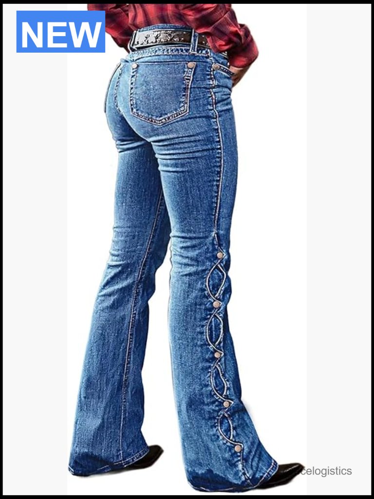 Buttoned Hem Bootcut Jeans Mid Waist Casual Pants Stretchy Denim